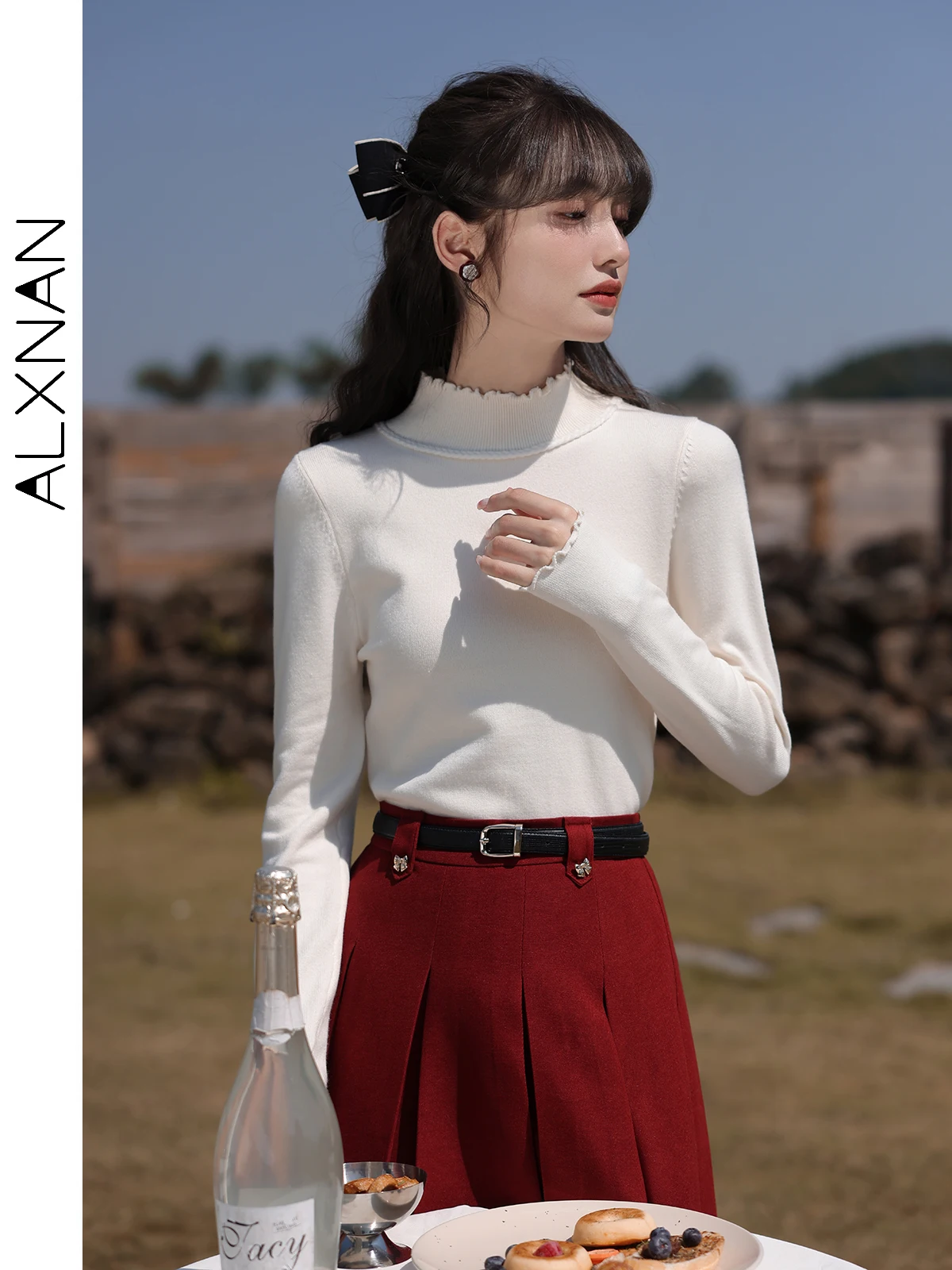 

ALXNAN Women's Slimming Knit Pullover 2024 Autumn Winter New Elegant Agaric Half High Neck Long Sleeve Inner Sweater LXN27981