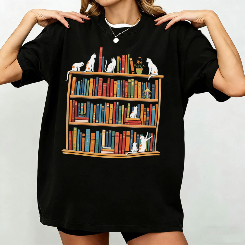 Book Lover Cat T-Shirt Cozy Library Bookshelf Tee Cute Reading Cat Graphic Women Clothes Literary Aesthetic Bookworm Tee