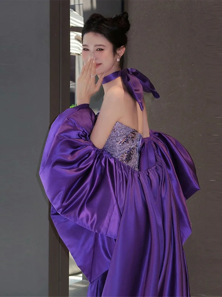 Fioletowa Sukienka Wieczorowa na Ramiączkach dla Kobiet na Wesele, dla Gospodyni, z Trenem, z Cekinami, dla Nowej Panny Młodej, na Wieczór, w Kolorze Wina