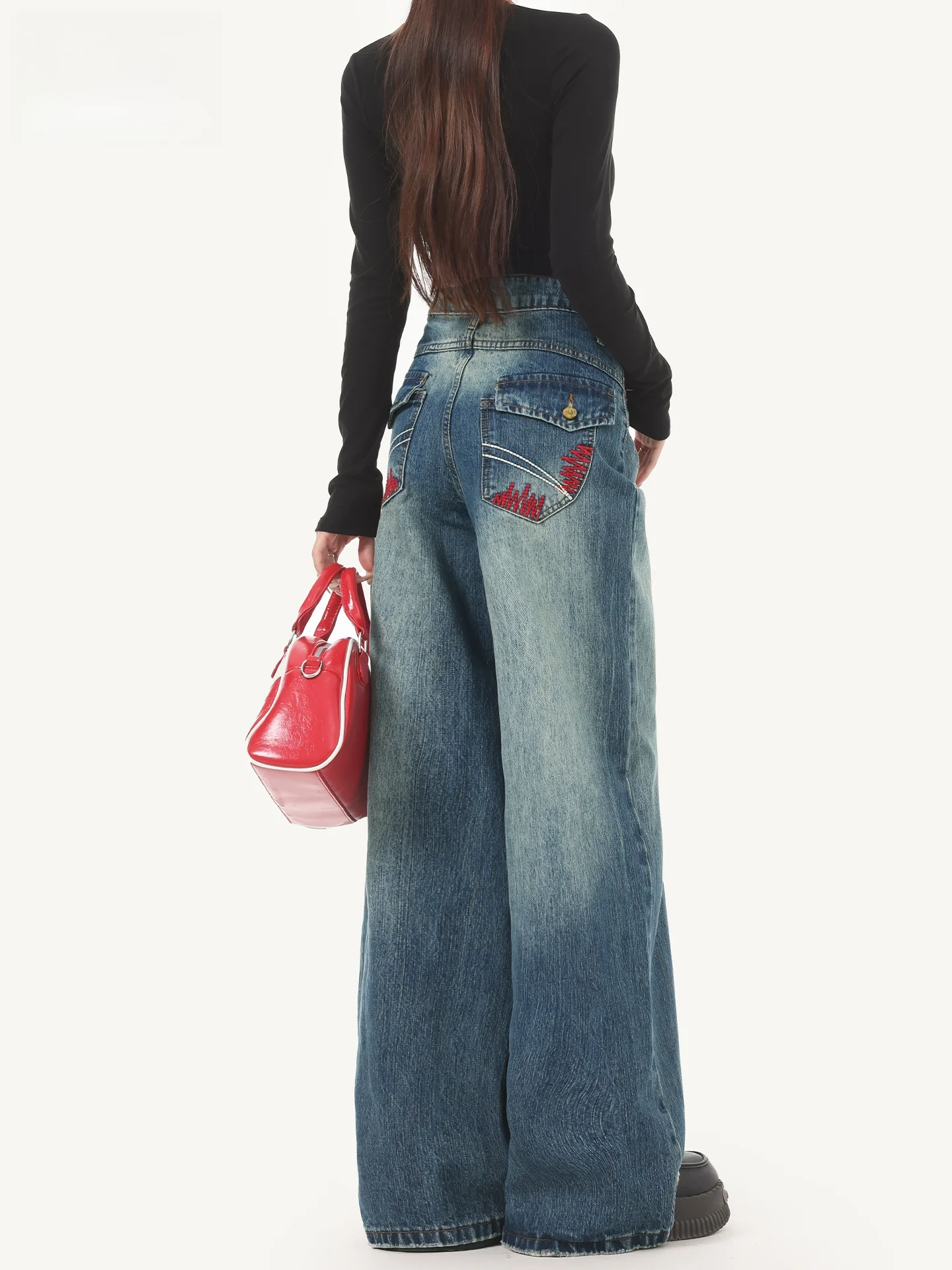 

Американские ретро-джинсы с камнями, женские зимние, с эффектом сильной потертости, свободные, широкие, в пол, повседневные, с низкой посадкой