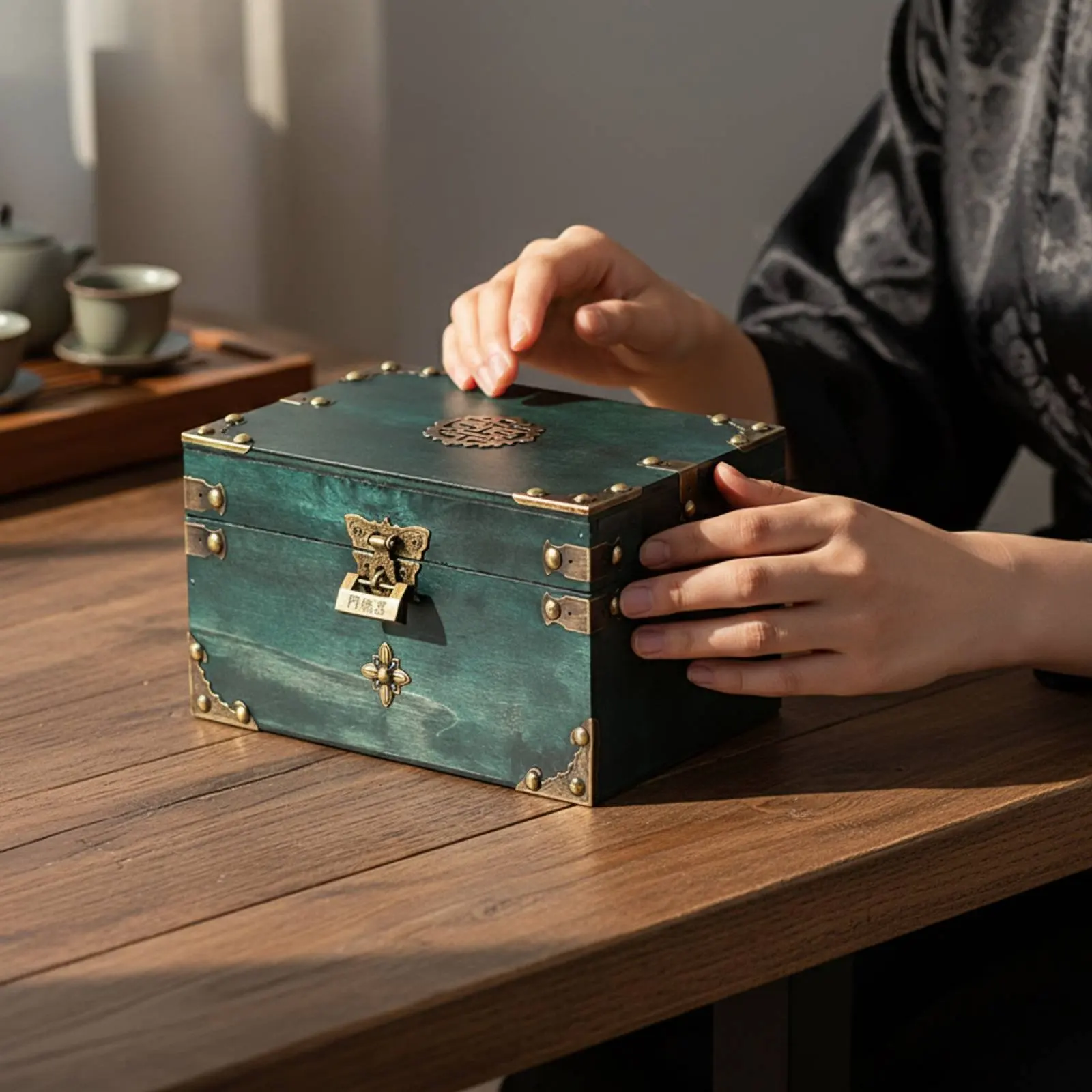 Wooden Jewelry Box Lockable Design Chinese Design Keepsake Box Antique Design Treasure Chest Multifunctional for Home Decor view 2