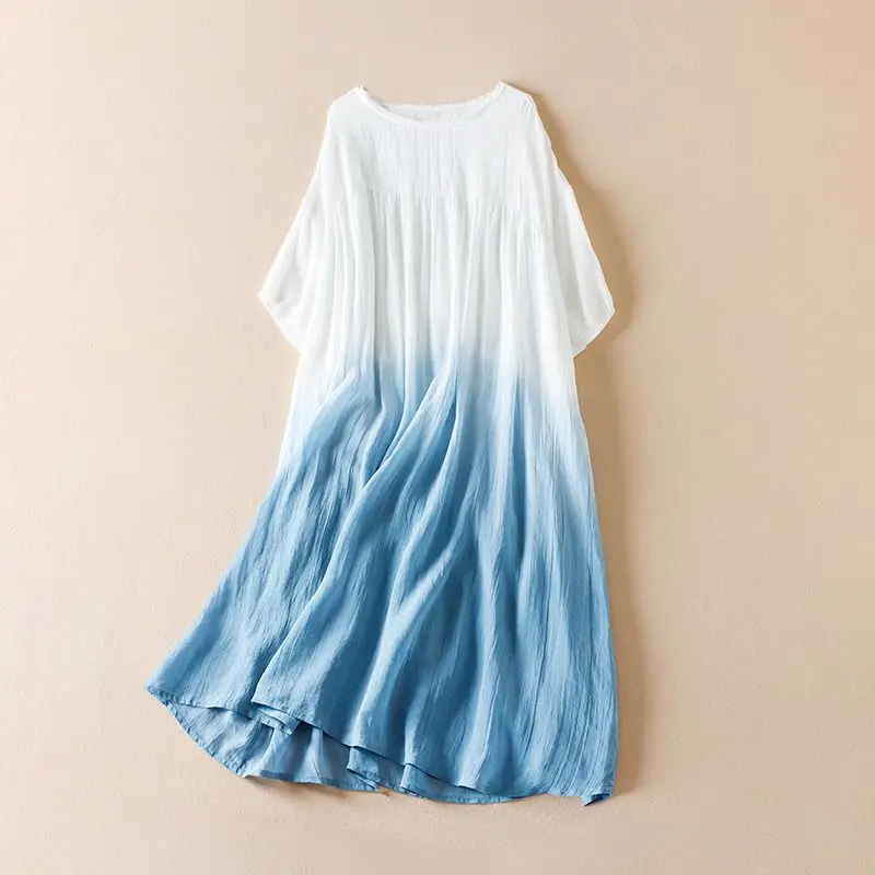 Vestido solto de manga média leve e solto com estampa gradiente de ramie de camada dupla