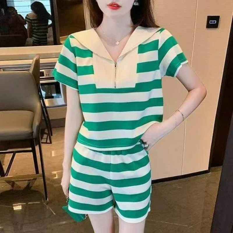 Conjuntos curtos femininos 2 peças moletom t camisa listras zip estilo coreano elegante promoção superior e inferior luz completa shorts femininos