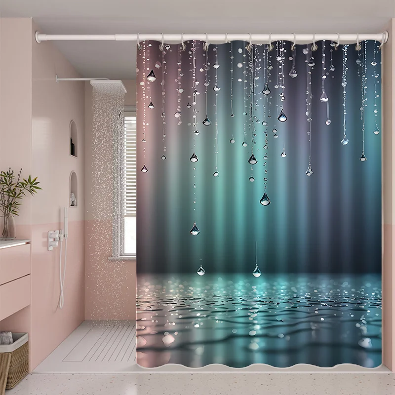 Glistening Water Drop Shower Curtain, Gradient Teal Ripple Surface Print Waterproof Bath Curtain with Hooks for Family Washroom