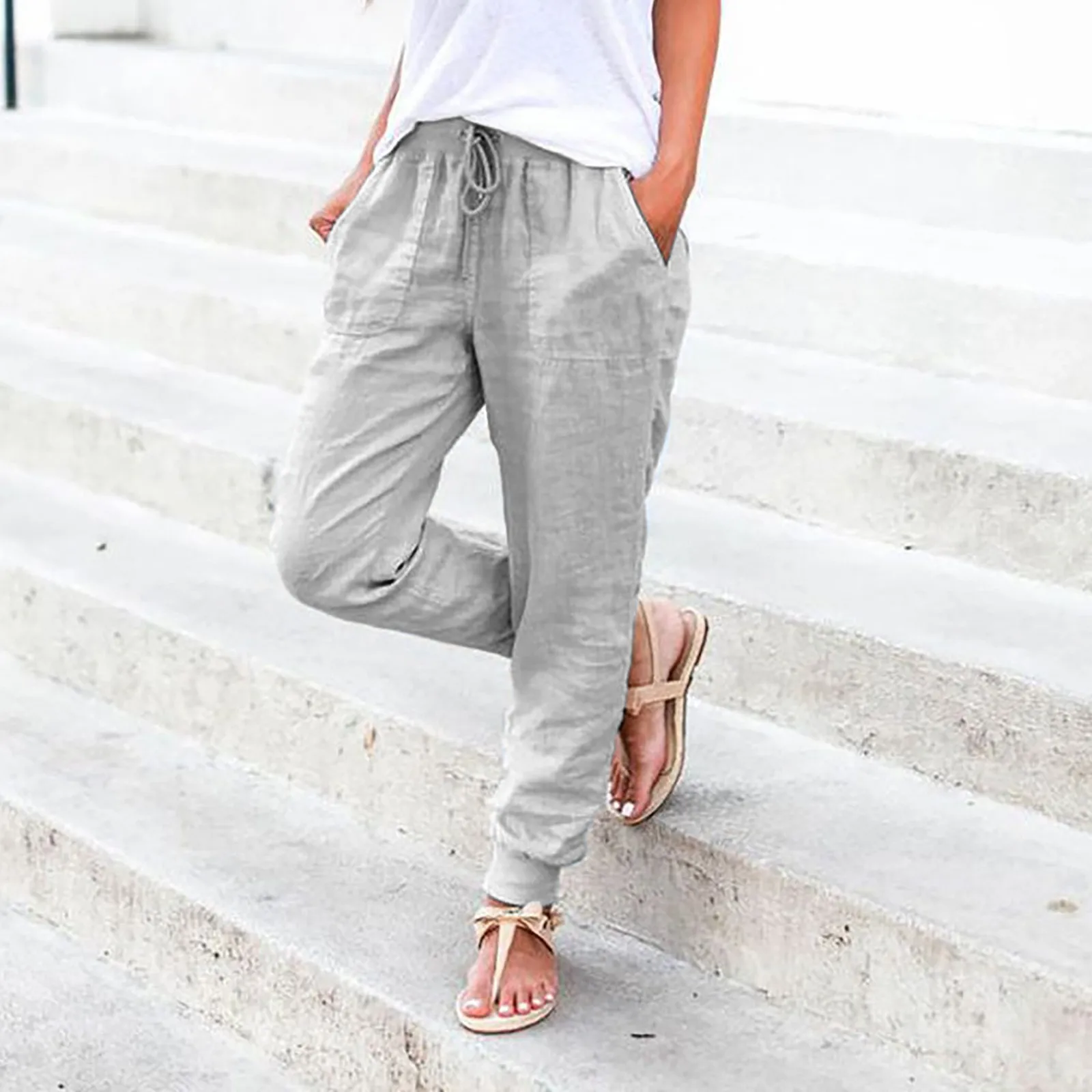 

2024 Spring Summer Plus Size Trousers Cotton Linen Solid Loose Pants Mid Waist Drawstring Pockets Long Pants Female