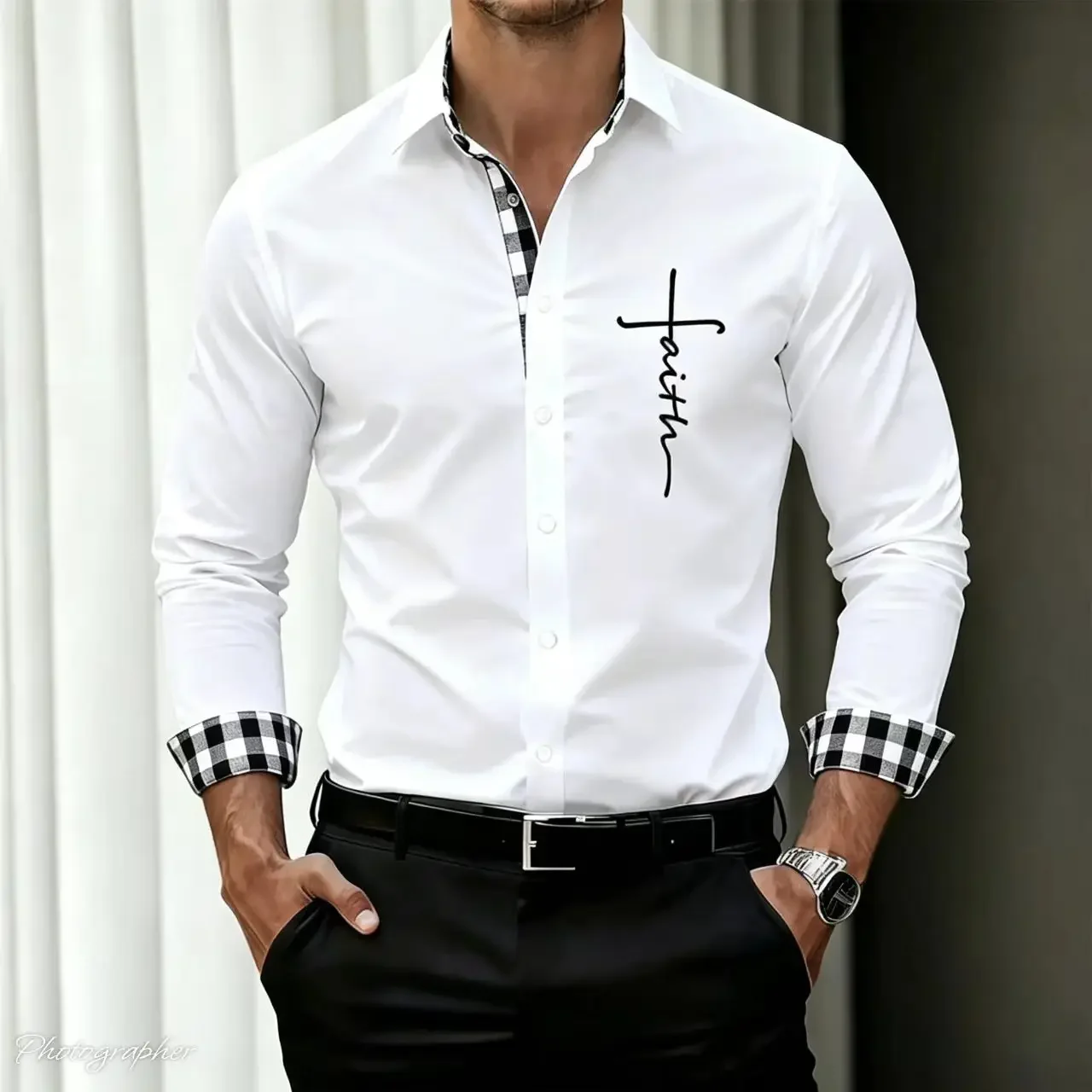 Premium Men's Black White Checkered Long Sleeved Shirt with Letter Print – Comfortable Solid Color Business Casual Fashion Top