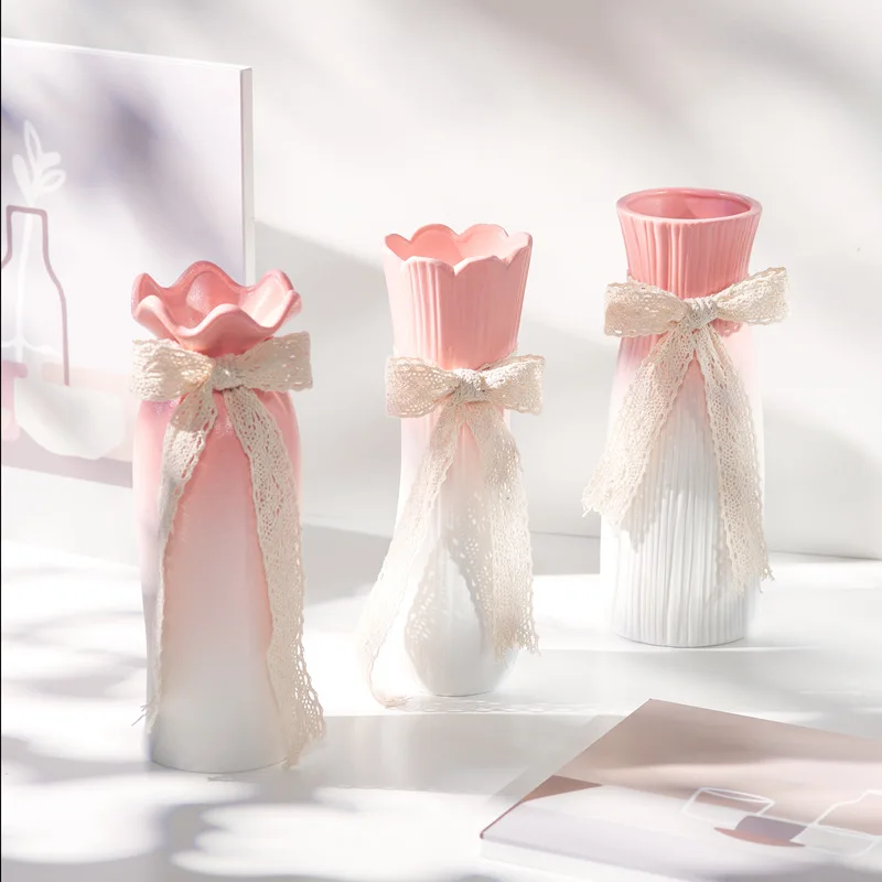 

Gradient Pink Nordic Ceramic Dried Flower Vase Flower Insert Home Decoration Hallway Ornaments Props Living Room Flower Ornament