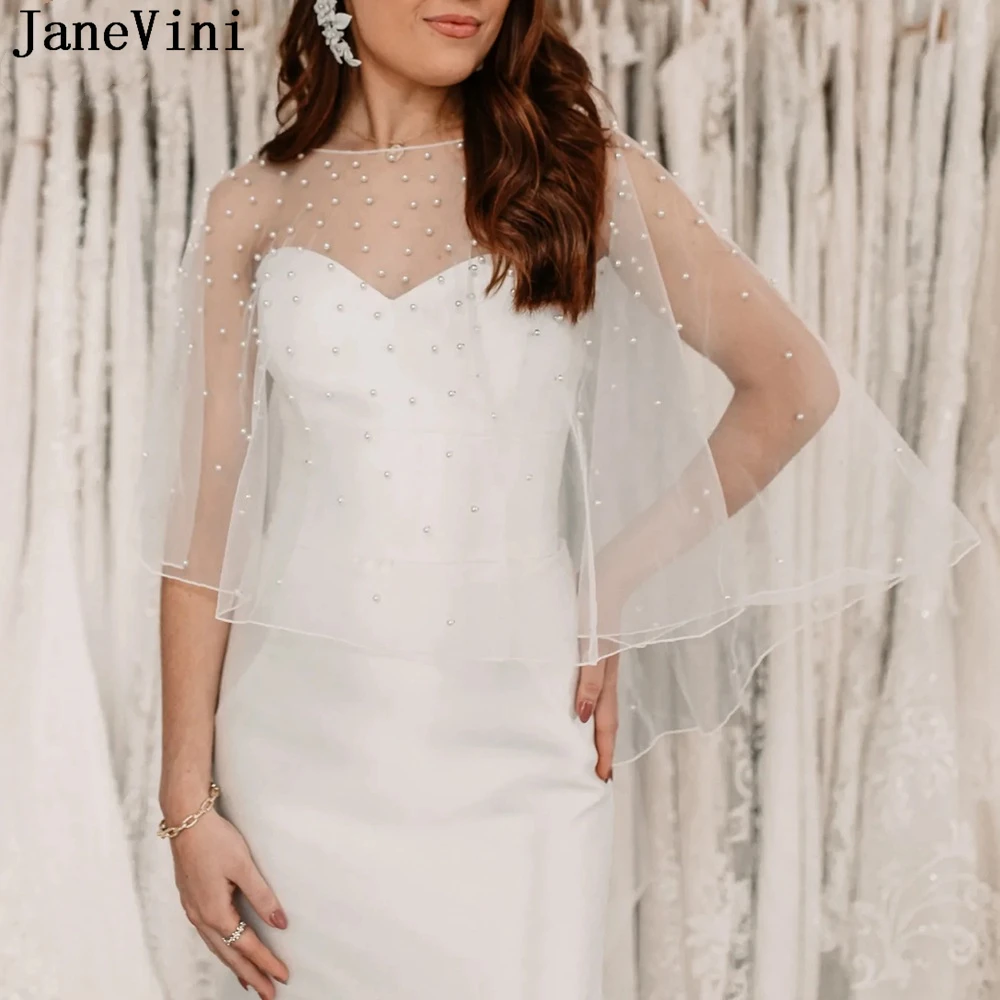 

JaneVini Pearls Sheer Bride Tulle Cape De Mariage White Summer Wedding Dress Shawl Ivory Bridal Wraps Shrugs Bolero Novia Boda
