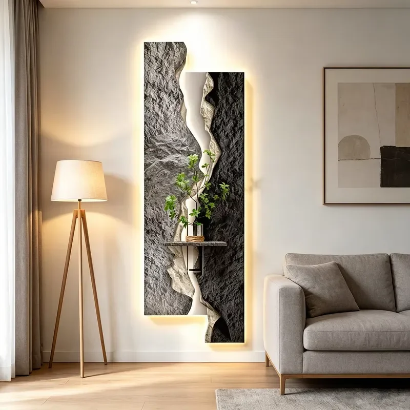 3D Sandstone Wall Mural with LED Light and Vase Sandstone Wall Art Painting Luxury Luminous Wall Hanging Decor for Living