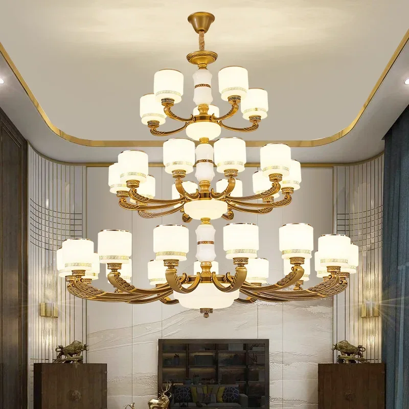 New Chinese Style Large Chandelier Duplex Building Villa Lobby Living Room Light Jade Luxury Hotel Hollow Headligh