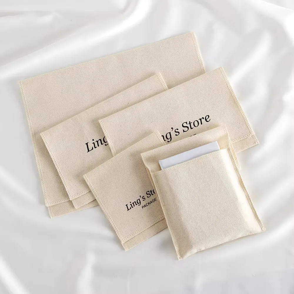 Custom Logo Canvas Cotton Muslin Jewelry Envelope Flap Bag Gift Packaging  Bracelet Fragrance Sachet Wedding Favors Earrings