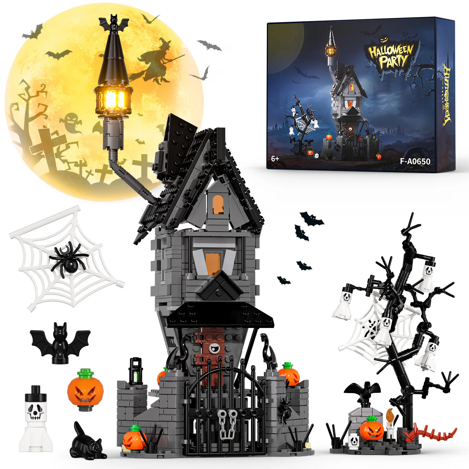 JAKI Halloween MOC Building Blocks Set Haunted House Pumpkin Skull Spider Bat Graveyard LED Light Up Decor Gift Display Model