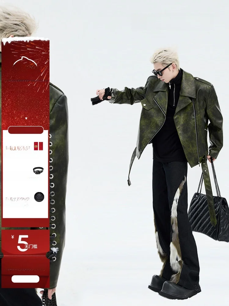 

Thiened oulder Pad Men's Leather Jaet American Retro Sle Youthful Vitali Casual Winter Coat Zipper Closure PU Leather