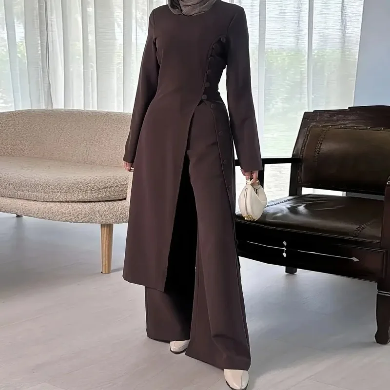 Ramadan Eid Mubarak Muslim Set Kaftan Abaya Dubai Turkey 2 Piece Sets Dress Pant Set Islam Clothing for Women Musulman Ensembles