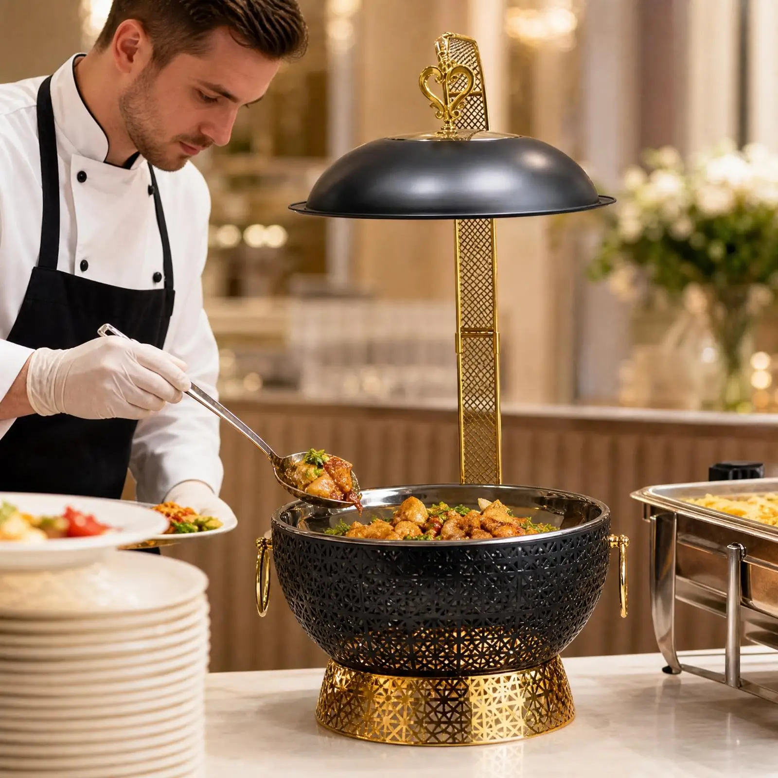 Réchaud de buffet professionnel 8L en acier inoxydable avec support surélevé et couvercle pour repas familiaux et hôteliers