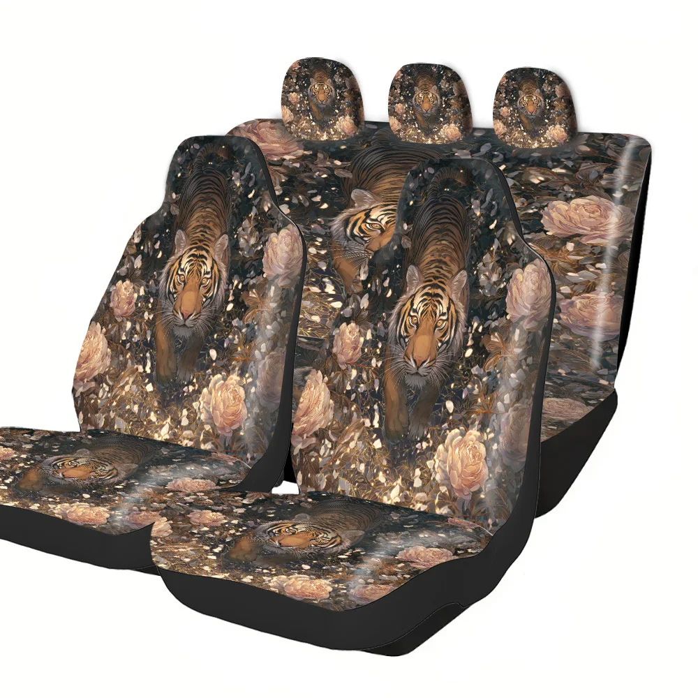 

Комплект чехлов для автомобильных сидений на 2-5 мест - черный принт с изображением боевых лошадей, полиэстер, легко устанавливаются и можно стирать, нескользящие и впитывающие, универсальные.