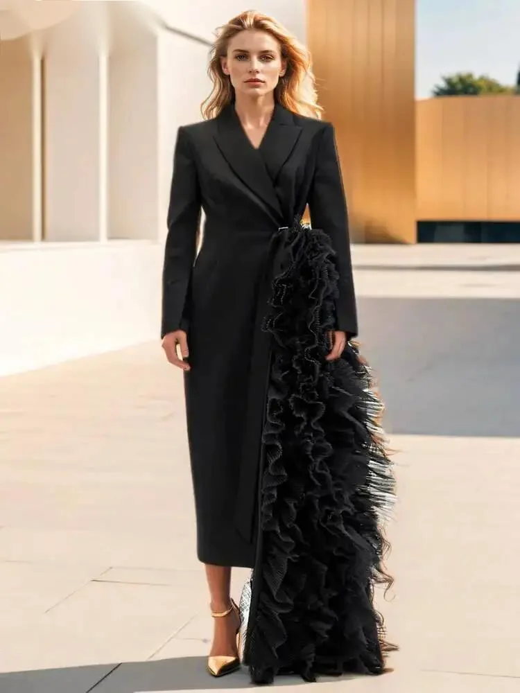 

Fashion Women's Party Blazer Notched Lace-up Mesh Splied Slim Irregular Full-length Suit Jakcets Autumn 2026 New 7AXNDH