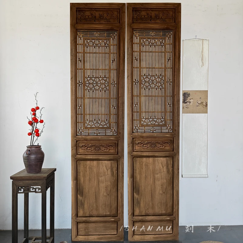 Woodcarving Chinese style antique doors and windows made old solid wood partition door background wall hollow lattice screen