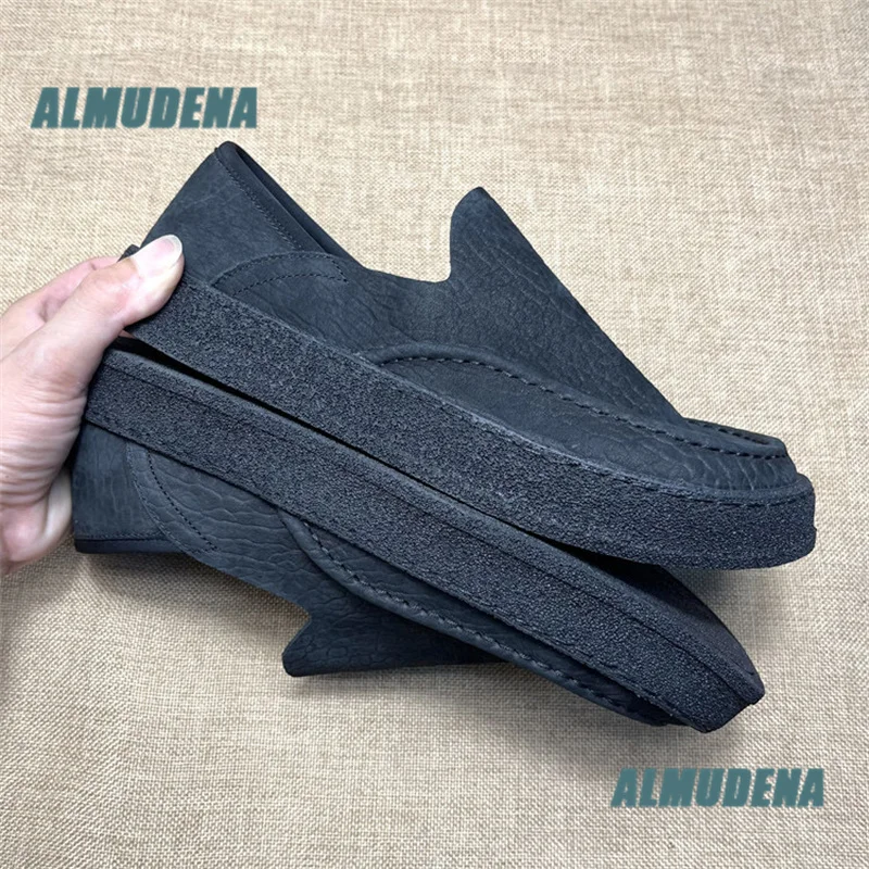 Men Black Leather Slip On Loafers Thick Rubber Sole Casual Loafers 2-Way Wear Foldable Heel Casual Shoes Autumn Men's Shoes