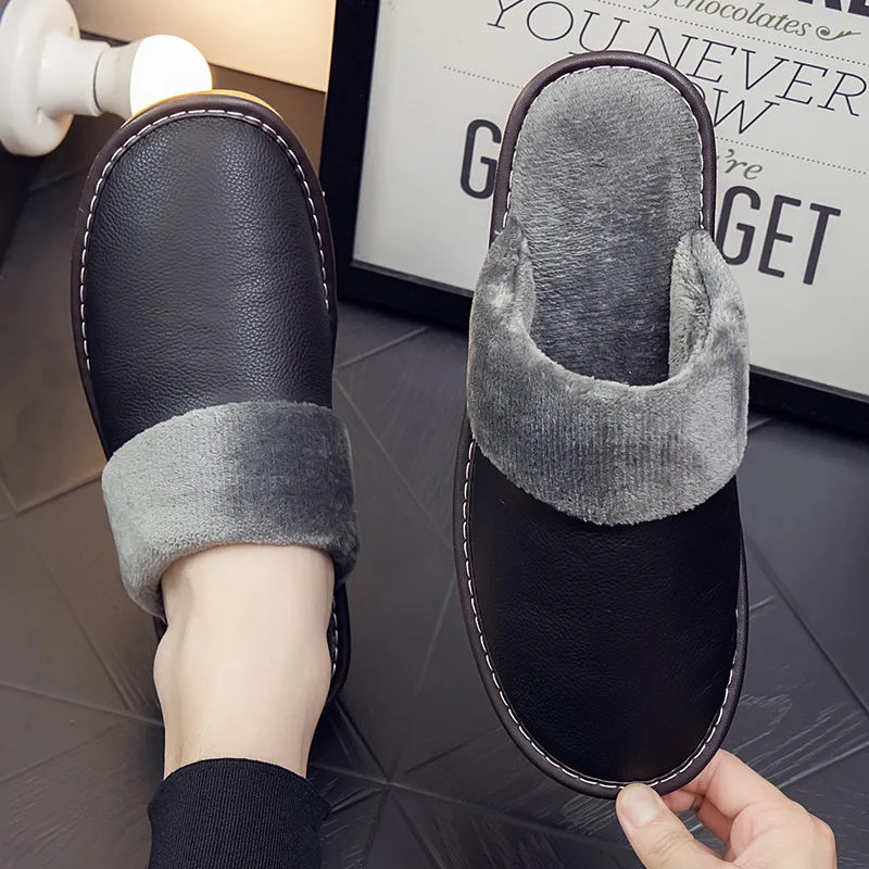 

PU Big Sizes Men slippers Indoor Waterproof Fur Flat Men's Winter Home Soft Slipper Cotton Houseshoes zapatillas casa hombre