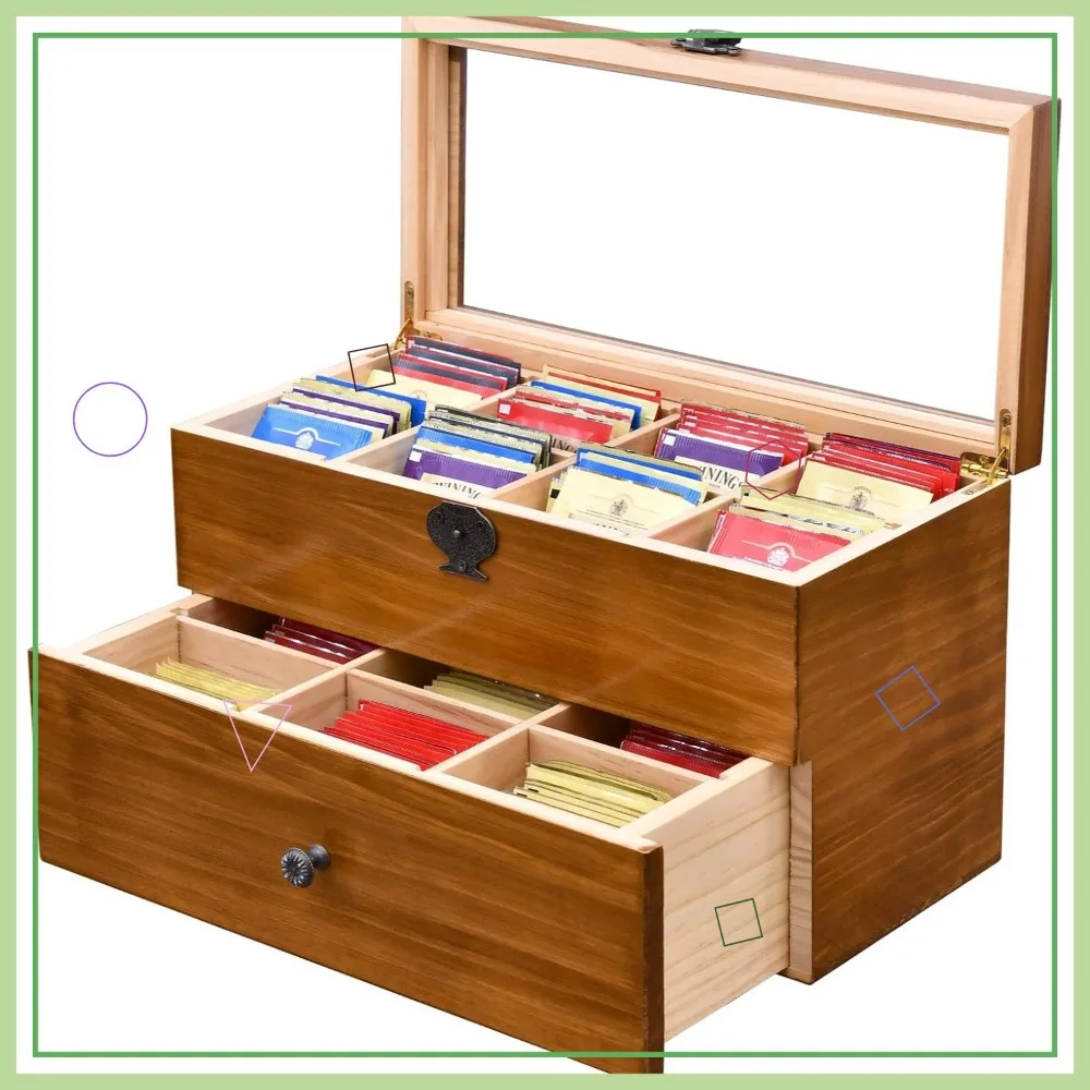 

Large Wooden Tea Storage Box with Clear Window, 2-Layer 14 Compartments Organizer for Tea Bags and Small Items