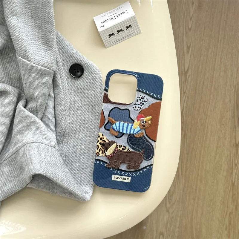 Embroidery Dachshund puppy Denim Leopard art Phone Case For iPhone 15 14 13 12 Pro Max Case Cute luxury Cartoon shockproof Cover