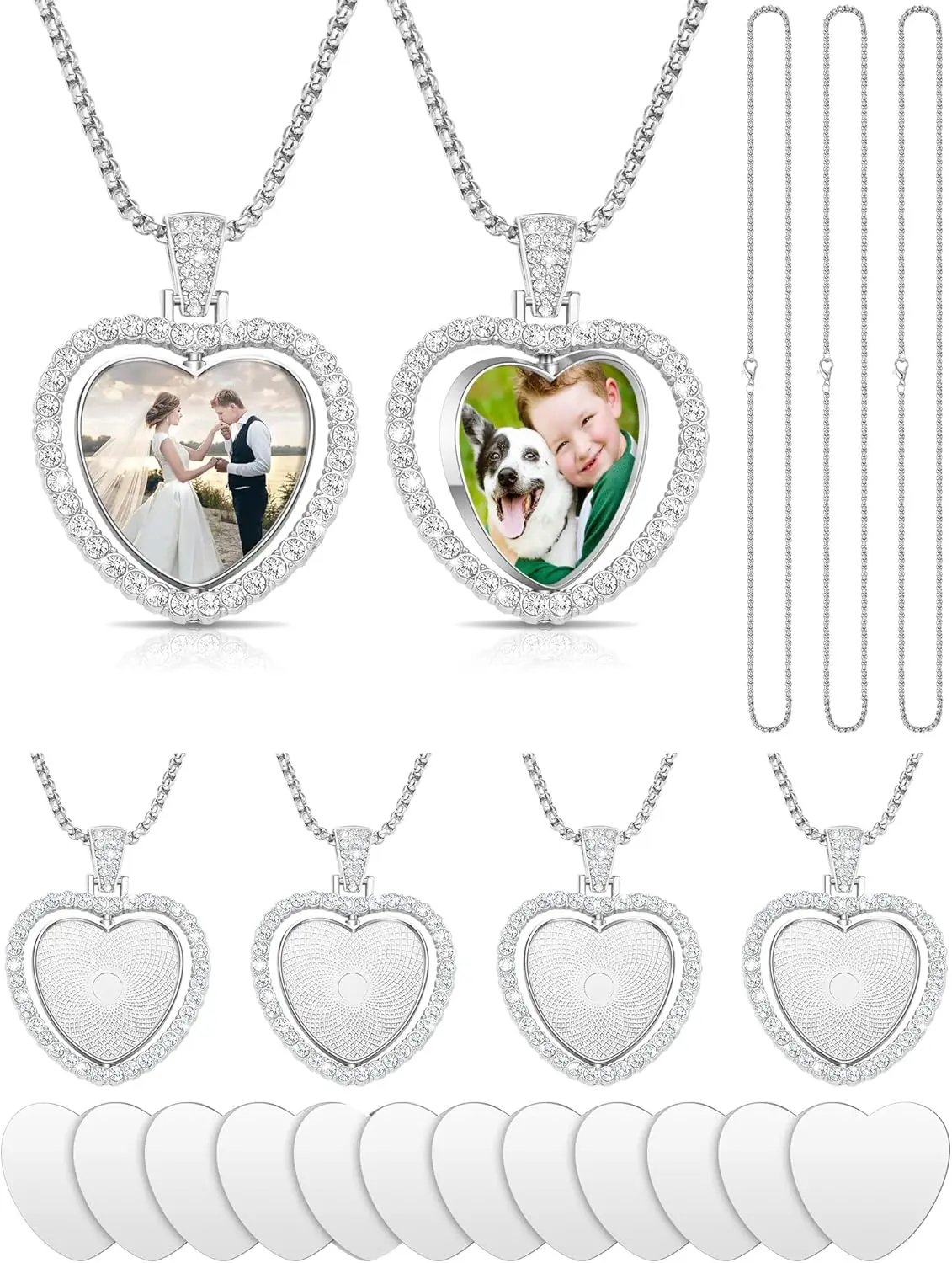 6pcs Sublimation Rhinestone Trays Heart Pendant Set Necklace Double Sided Blank Rhinestone Pendants For Heat Transfer Print