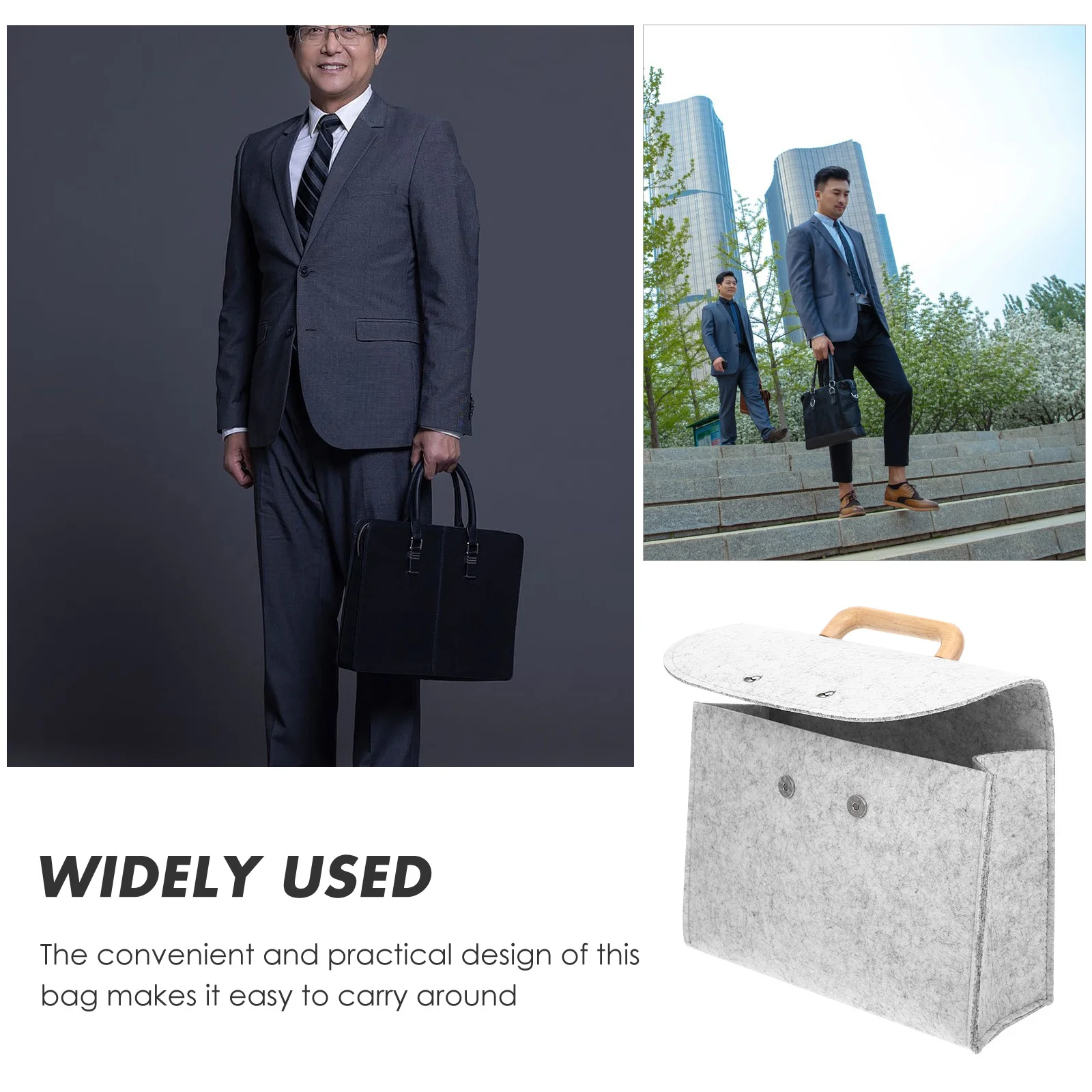 

Felt Tote Bag Handheld Storage Document Folder Organizer Portable File Holder Deep Gray Wooden Handle Large Capacity Office Use