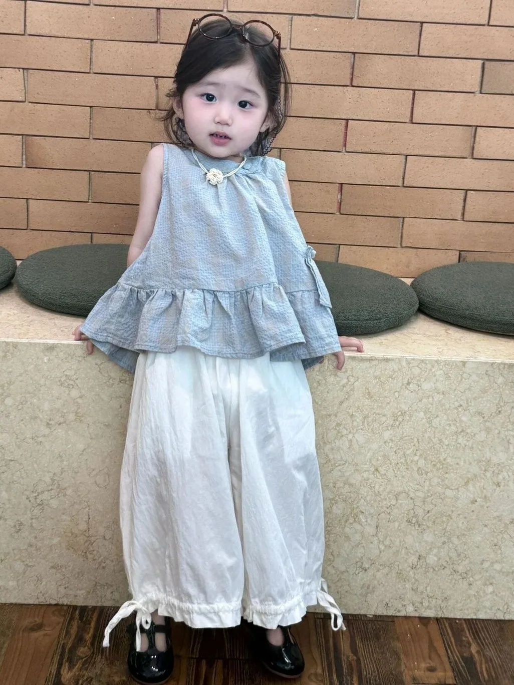 Summer Outfit for Girls  Sleeveless Ruffle Hem Blouse Baby Lace Wide Leg Pants Two Piece Set Floral Print Children's Clo...
