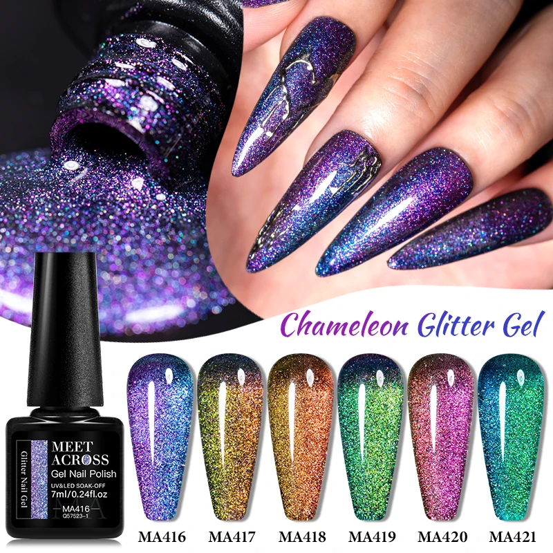 MEET ACROSS 7ml Chameleon Glitter Nail Gel Polish Semi Permanent DIY Nail Art UV/LED Painting Gel Polish For Nails Manicure DIY