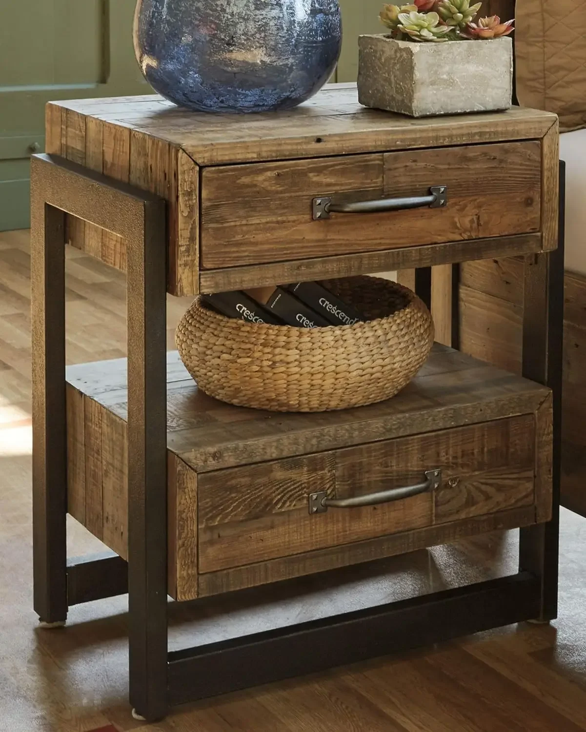 Signature Design by Ashley Industrial Farmhouse 2 Drawer Nightstand, Butcher-Block Brown & Black