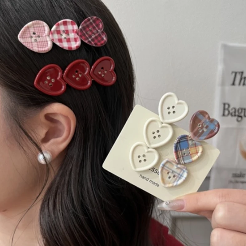 

Sweet Love Plaid Button Hair Clip Women Side Bangs Hairpins Korean Japanese Girls Cute Duckbill Clip Headdress Hair Accessories