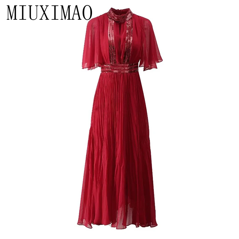 

MIUXIMAO 2024 Summer Elegant Wine Red Dress Women's O-Neck Sequined Short sleeve Ruffles Slim Solid Draped Long Dress Vestides