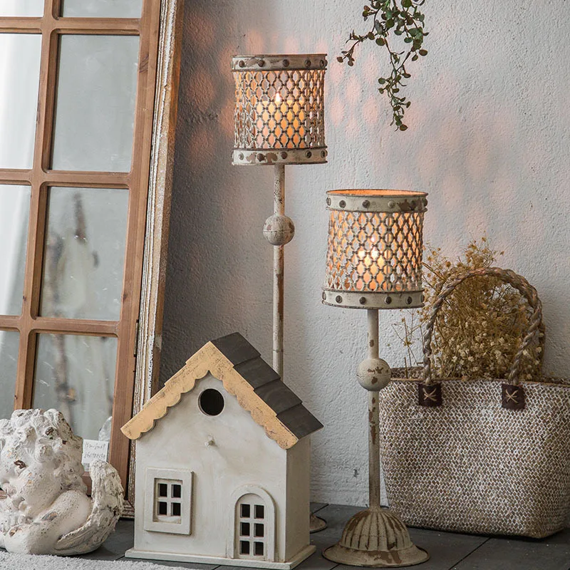 French wrought iron retro old floor candlestick ornament shooting props wedding romantic decoration hollow ornament against