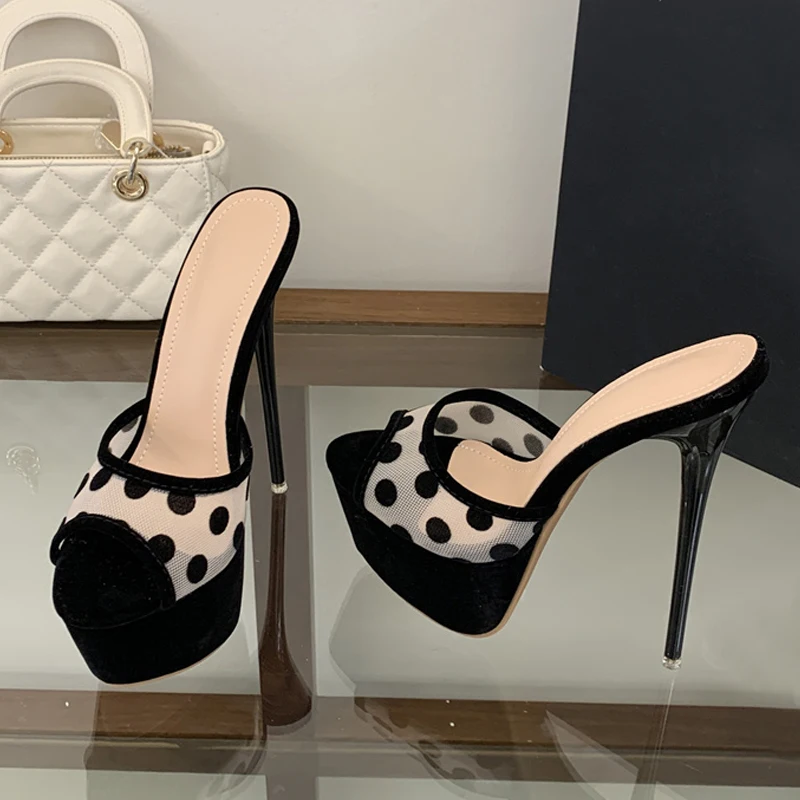 

Liyke Summer 16CM Super High Heels Slippers Women Fashion Polka Dot Mesh Peep Toe Banquet Party Shoes Platform Sandals Black