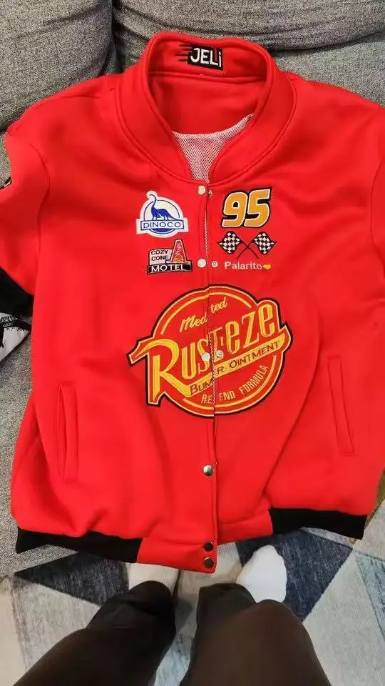 Men's and Women's Red and Black Racing Style Flame Pattern Baseball Jacket Size 95 Single Breasted American Outdoor Wear - view 2