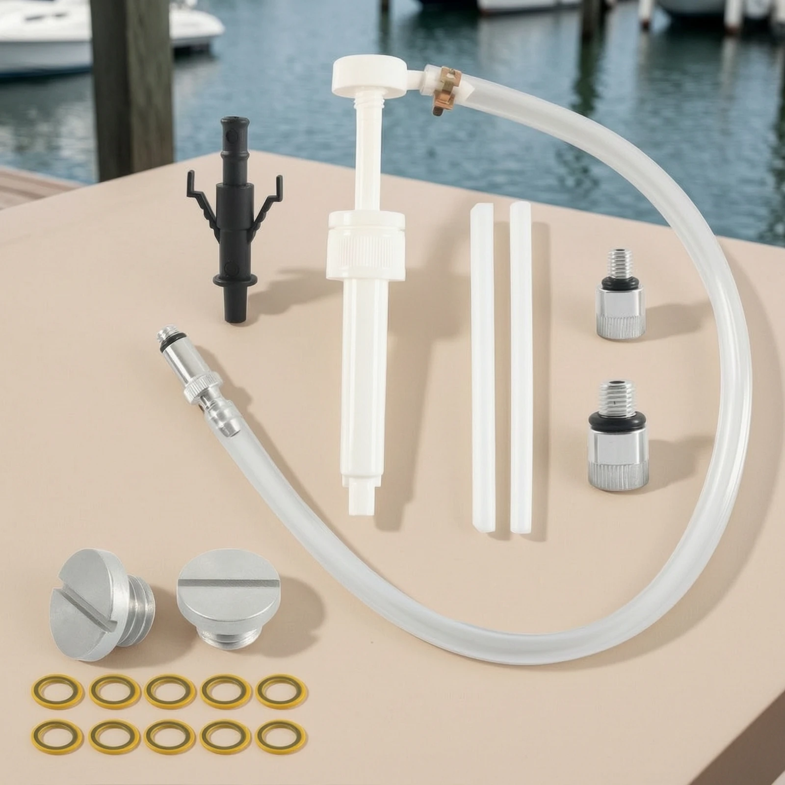 Boat Owners Maintenance Kit with Dual Cup Engine Flusher Hand Pump Tubing and Adapters for Seasonal Use