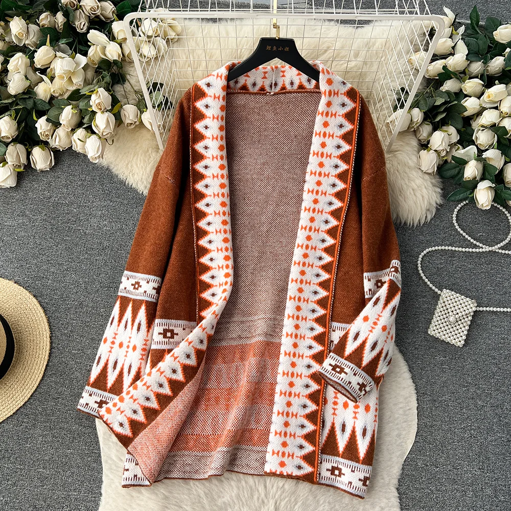 

Croysier Autumn Winter Clothes For Women Boho Vintage Geometric Knitted Cardigan Long Sleeve Loose Long Cardigan Sweater Coat