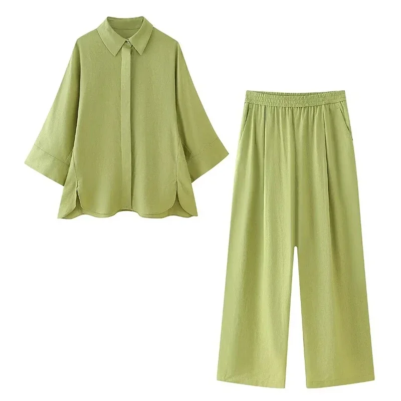 

Casual Loose Green Sleepwear 2 Piece Sets Women Outfit 2024 Elegant Long Sleeve Top with High Waist Pants Set Pajamas for Women