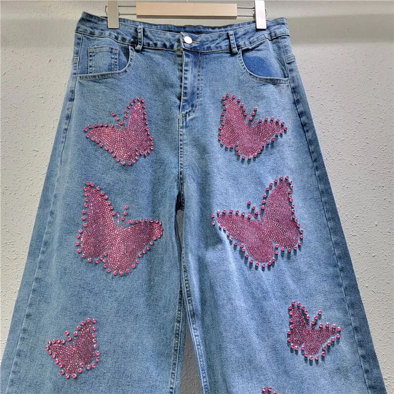 [EWQ] Fashion Streetwear Diamond Butterfly Design Denim Pants High Waist All-match Loose Women Jeans 2025 Spring New 16O3809