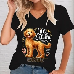 Cute Goldendoodle Women Tshirt Life Is Golden with My Doodle Graphic T-shirt Dog Paw V-Neck Short Sleeve Funny Women T Shirt