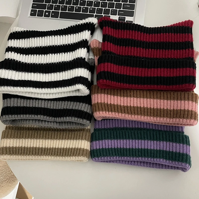 Japanese Y2K Cute Black White Striped Cat Ears Wool Hat Women Autumn Winter Warm Knitted Beanie Hat For Men And Women