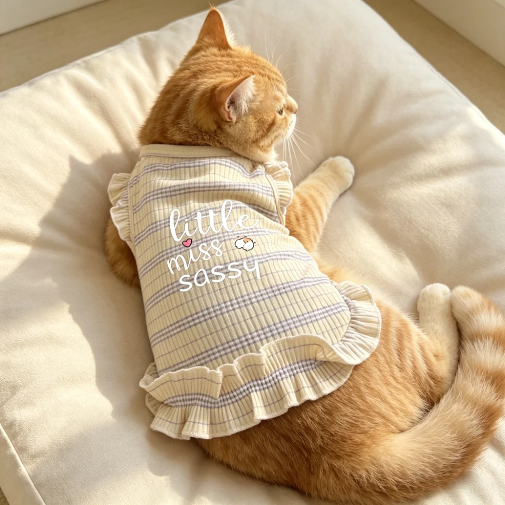 1PC Cute Ruffled Striped Summer Dog Tank Top Breathable Ribbed Knit Puppy Vest Sweet Frilly Pet Clothes for Small Dogs Outdoor