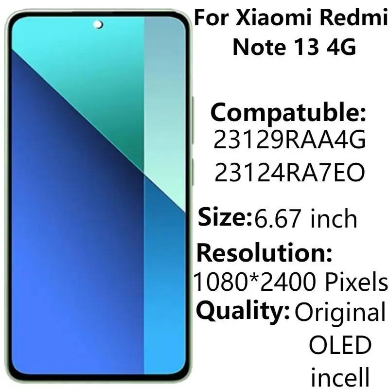 

ЖК-дисплей с рамкой для Xiaomi Redmi Note 13 4G, оригинальный 6,67 ''23129RAA4G, сменный сенсорный ЖК-экран с дигитайзером в сборе