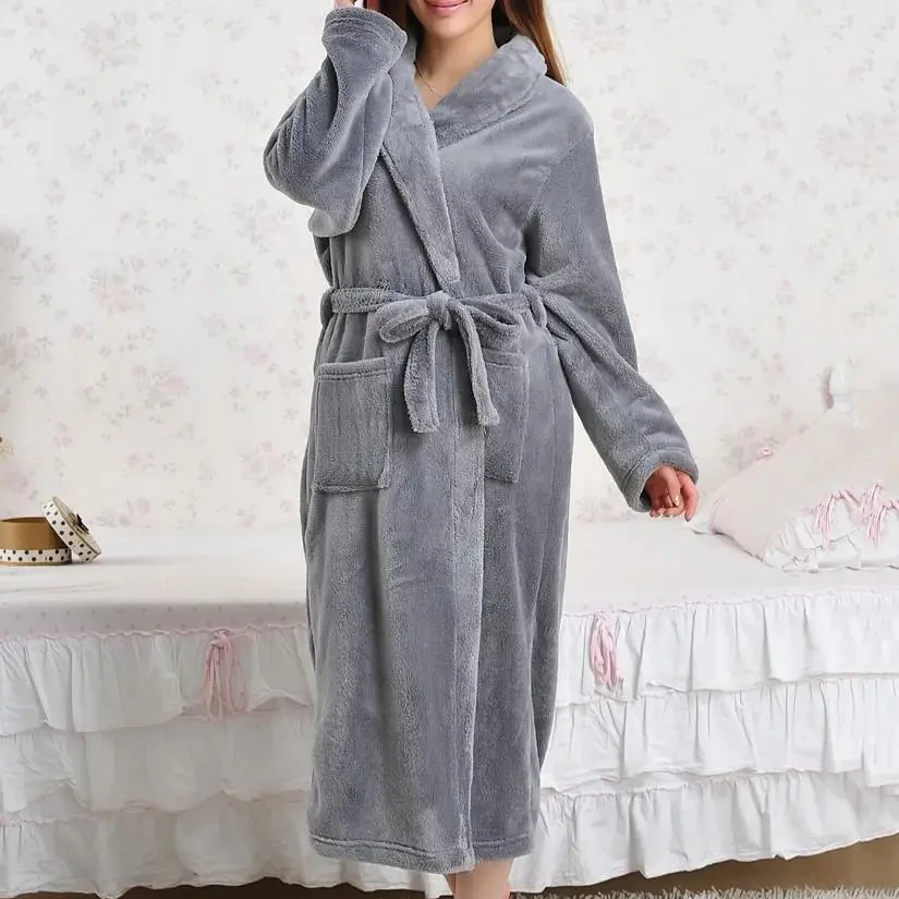 Autumn Winter Kimono Bathrobe Gown Coral Fleece Sleepwear Long Robe Loose Nightwear Thick Warm Home Dress Flannel Loungewear