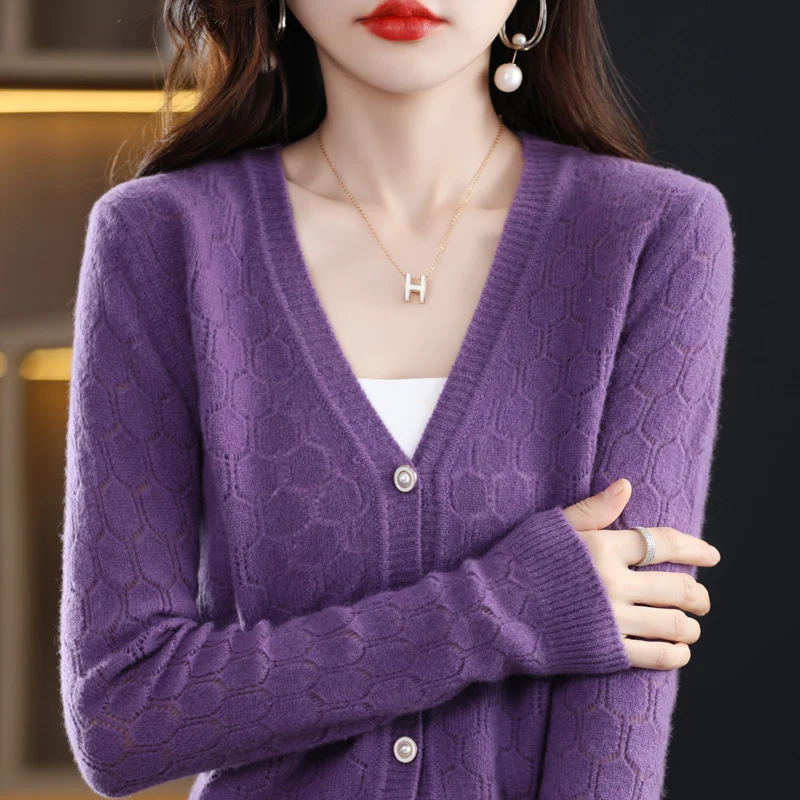 2023 Spring New Women\'s Cardigan 100% Pure Wool Knitted Sweater V-Neck Hollow Out Shirt Female Solid Color Casual Jacket