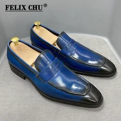 Classic Big Sizes Men's Penny Loafers Genuine Leather Blue/Brown Handmade Slip-On Business Dress Shoes Male Footwear