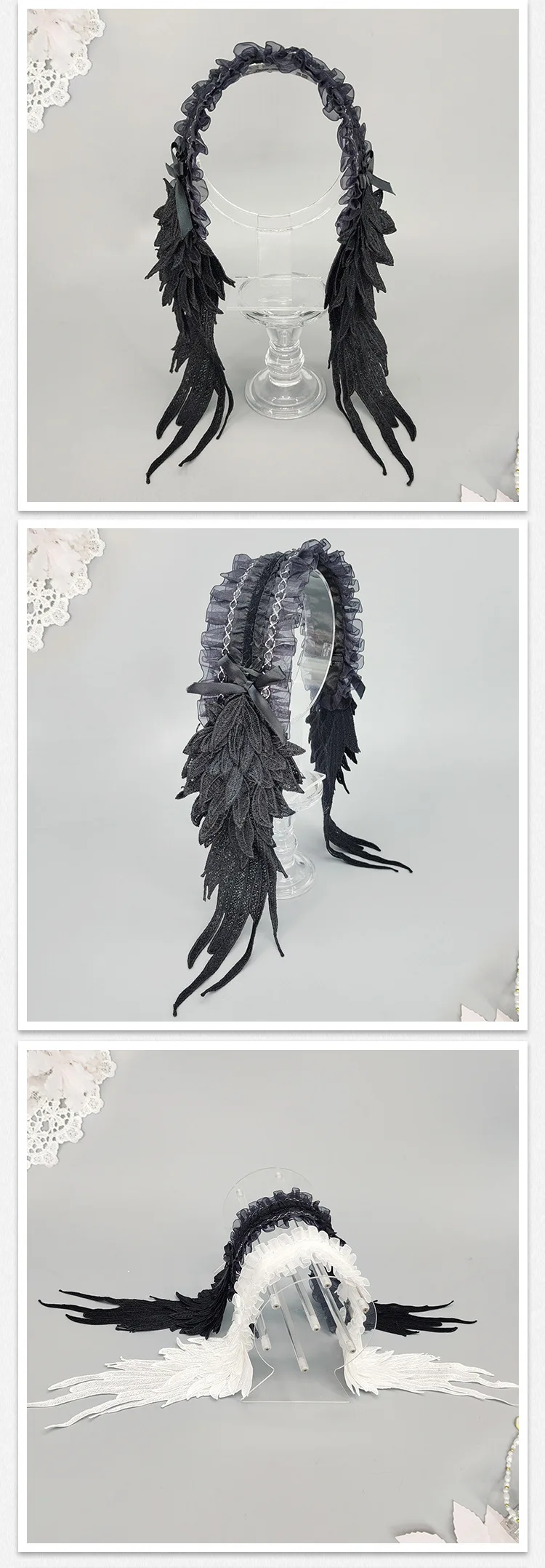 Gothic Lolita Haarschmuck Engelsflügel Spitze Kopfschmuck Schwarz Weiß Lolita Flügel Haarband Cosplay Halloween Party Requisiten Kopfschmuck – Detail 7