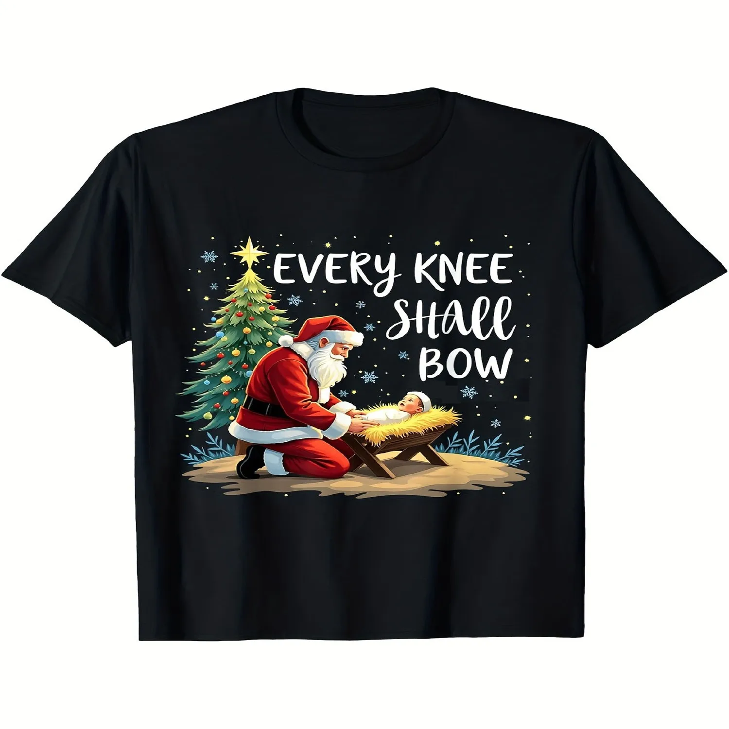 s s Religious Christmas T-Shirt - Nativity Scene with Santa Jesus, _Every Knee Shall Bow_ Verse (Luke 2_11), Black White Holiday Tee, Comfortable Crew Neck Short Sleeve, Sizes S-XXL merry christmas tee, christmas gift