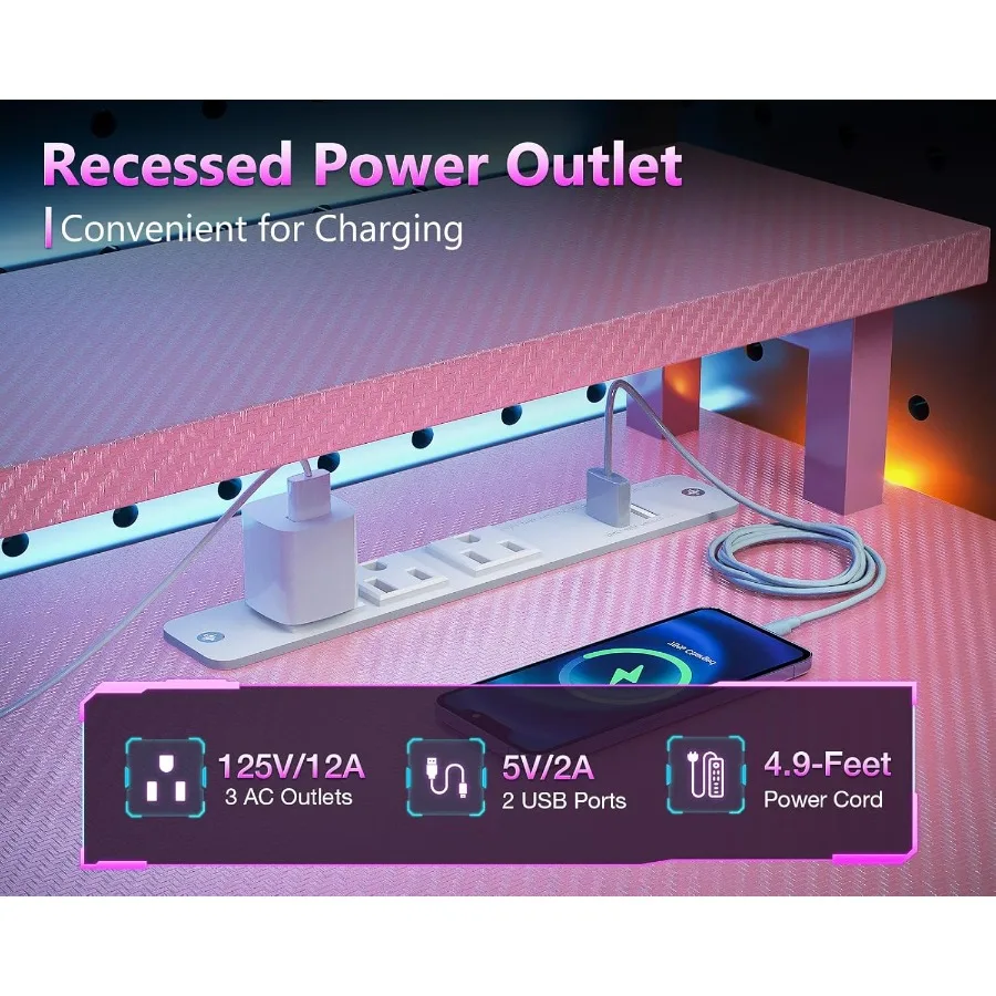 مكتب ألعاب قابل للعكس مقاس 59 بوصة مع منافذ شحن USB وإضاءة LED للمكتب المنزلي الحديث أو غرفة الترفيه تتضمن S